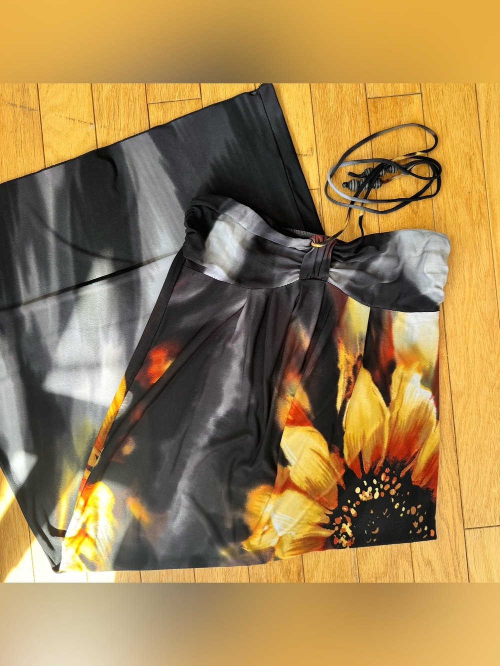 Y2K Floral Halter Maxi Dress Saint Tropez West Size 8 Black Orange Flower Print